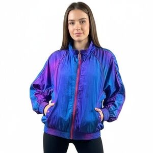 VTG Petite Projections Windbreaker L Blue Purple Iridescent 90s Retro Colorblock